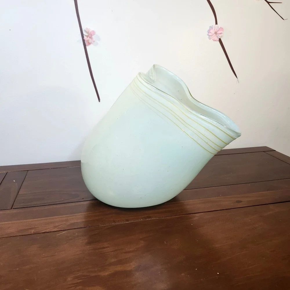 Global Views Seafoam Celadon Art Glass Tilted Asymmetrical Ruffled Vase 12inches